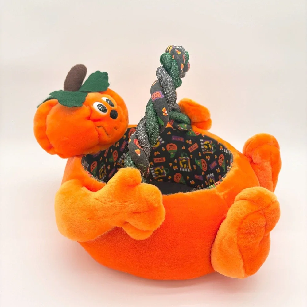 Vintage 90s Plush Pumpkin Trick or Treat Basket Folk Art Halloween Candy Bag